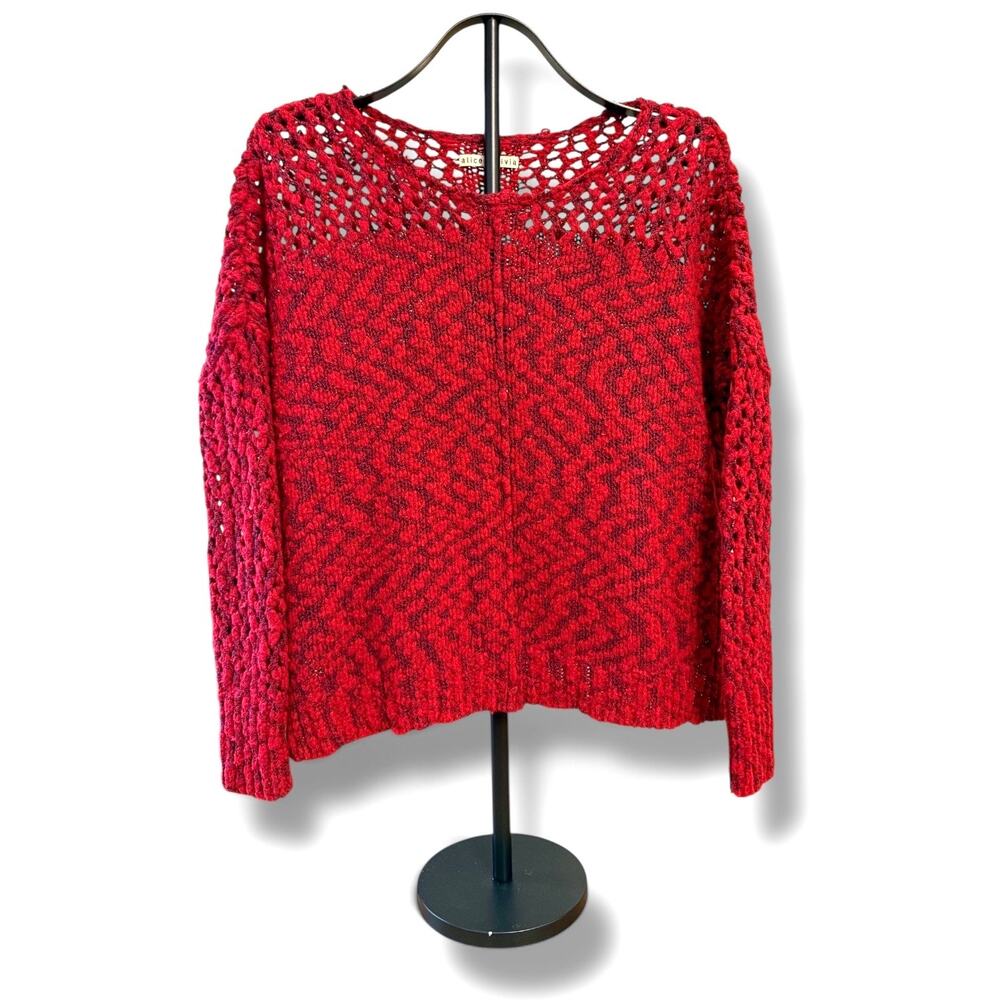 Alice + Olivia Red Chunky Knit Sweater Open Crochet Neckline Boxy Fit